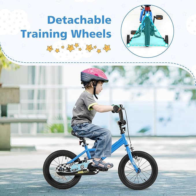 BABY JOY Kids Bike, 12 14 16 18 Inches Car Pattern Sporty Bicycle w/Removable Training Wheels, Hand & Coaster Brakes, Adjustable Seat & Handlebar, Girls Boys Bike