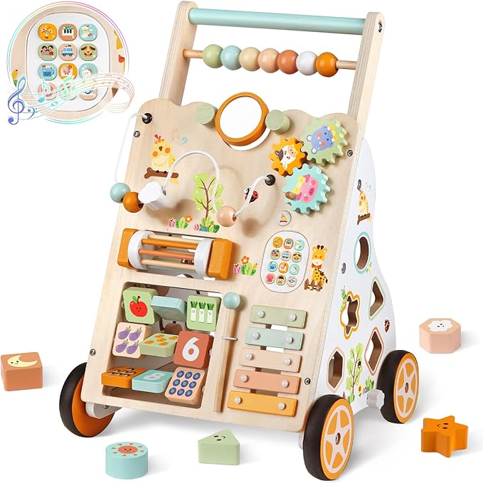 Baby Push Walker, Wooden Baby Walker with Wheels, Montessori Activity Center for 1 2 3 Years Old Boys Girls, Adjustable Speed & Height Push Toy for Toddlers, Educational Gift for 1+ Kids Development