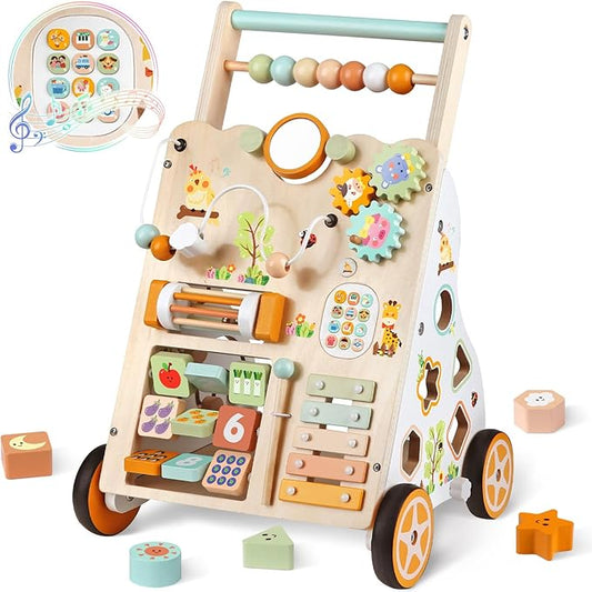 Baby Push Walker, Wooden Baby Walker with Wheels, Montessori Activity Center for 1 2 3 Years Old Boys Girls, Adjustable Speed & Height Push Toy for Toddlers, Educational Gift for 1+ Kids Development