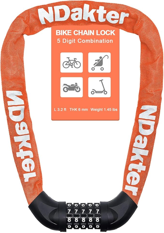 NDakter Bike Chain Lock, 5 Digit Combination Heavy Duty Anti Theft Bicycle Chain Lock,2.62/3.2/4.27/5/6Ft Long Security Resettable Bike Locks for Bike, Bicycle, Scooter, Door, Gate, Fence-4/6mm Thick