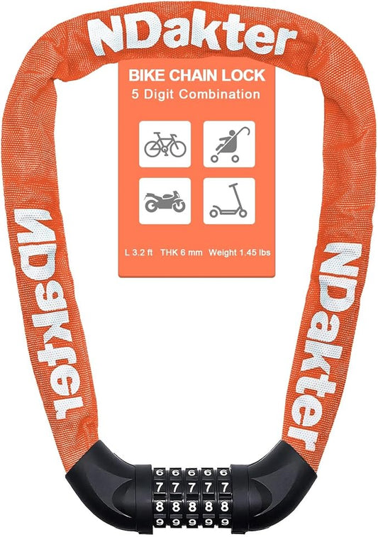 NDakter Bike Chain Lock, 5 Digit Combination Heavy Duty Anti Theft Bicycle Chain Lock,2.62/3.2/4.27/5/6Ft Long Security Resettable Bike Locks for Bike, Bicycle, Scooter, Door, Gate, Fence-4/6mm Thick