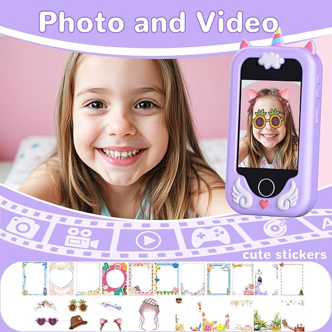 Kids Play Phone, Smart Phone with Dual Camera - Christmas Birthday Gift for Girls Ages 3-10, Toddler Toys Pretend Phone with Music Player, Educational Learning Games with 32GB Memory Card, Purple