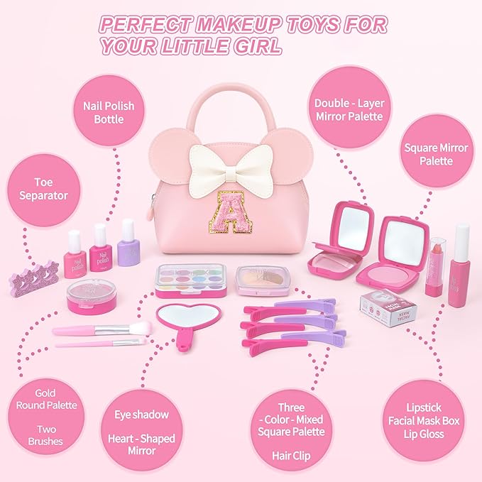Pretend Makeup Kit for Toddlers Kids- 21Pcs Make Up Toys with Initial Toddler Purse - Birthday Gifts for 3 4 5 Years Old Girls Vanity Set Christmas Birthday Gift Purple P