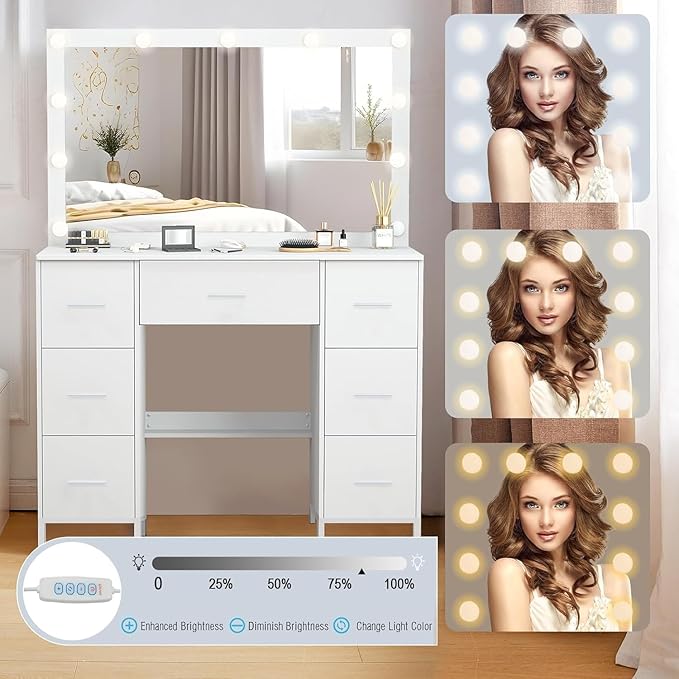 Hollywood Vanity Set, 3 Color Light Modes, Large Lighted Mirror with Brightness Adjustable, 7 Drawers for Storing Items, White Makeup Table for Girls and Women