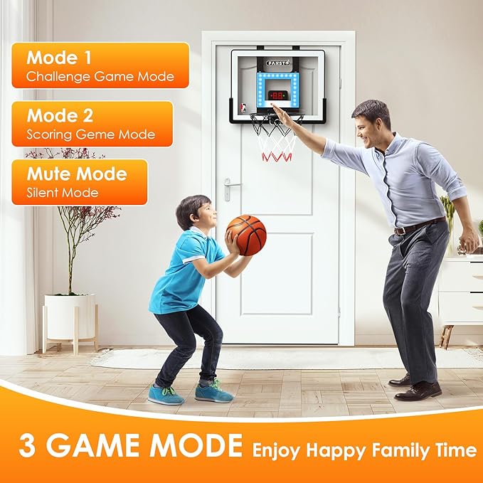 Over The Door Basketball Hoop, Basketballs Hoops Indoor for Kids with LED Cheering, Anti-Impact, 2 Game Mode& Mute Mode, Mini Hoops Door Slam Toy with 4 Ball for 5 6 7 8 9 10 11 12 Old Boys