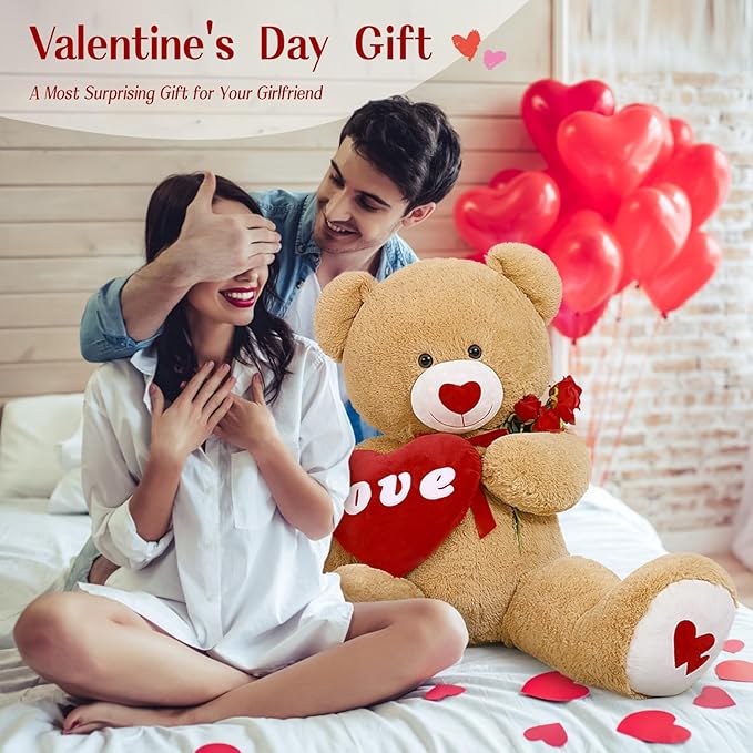 MorisMos Love Heart Giant Teddy Bear 4.3ft, I Love You Large Bear for Girlfriend, Soft Valentine Stuffed Animals Plush Gift for Boyfriend, Brown, 51Inch