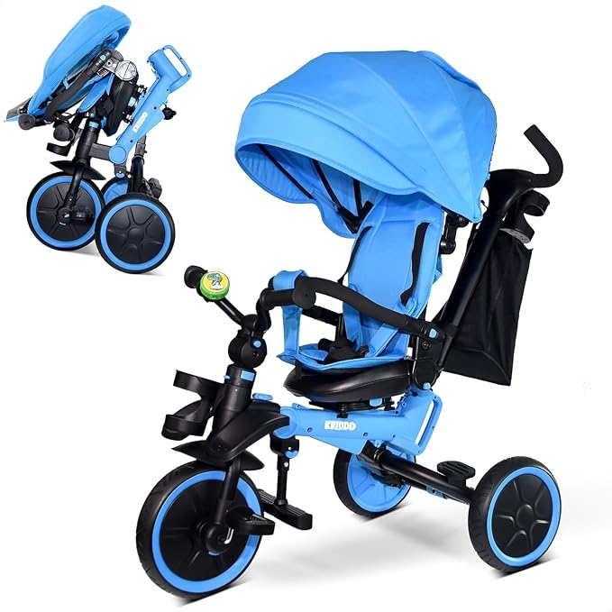 KRIDDO 8-in-1 Foldable Tricycle Stroller for Toddlers 18 Months to 5 Years, 5-Point Seatbelt, 1-Step Brake Pedal, Extended Canopy, Triple Footrest, Safety Rearview Window, Detachable Guardrail, Blue