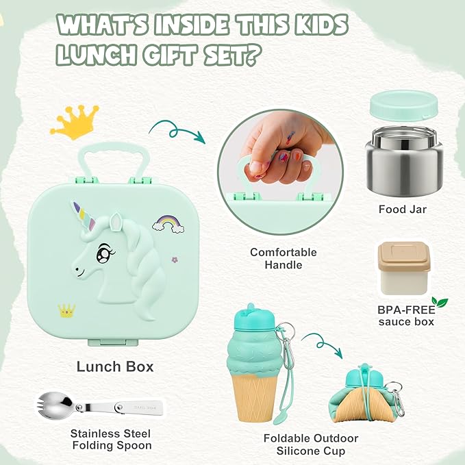 Kids Lunch Box Set -12oz Insulated Food Jar, Thermal Bag,Leakproof Lunch Food Containers Cutlery (BPA Free)-Gift for Girls/Boys Age 3-10(Green)