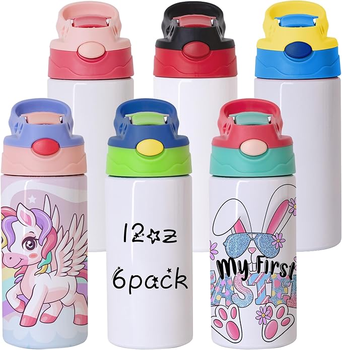 Kids Sublimation Tumbler Bulk,6 Pack 12oz Stainless Steel Sublimation Blank Sippy Cup,Double Wall Insulated Kids Tumbler with Handle,Spill Proof lid,for Water,Drinks