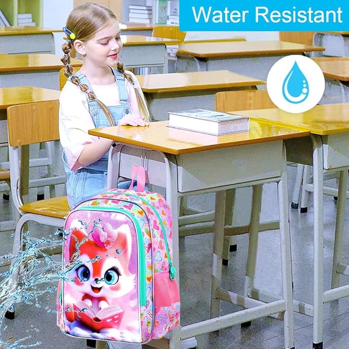 CCJPX 16" Fox Backpack for Girls, 3Pcs Kids Bookbag with Lunch Box, Water Resistant Elementary School Bag for Kindergarten Preschool Toddler (Pink)