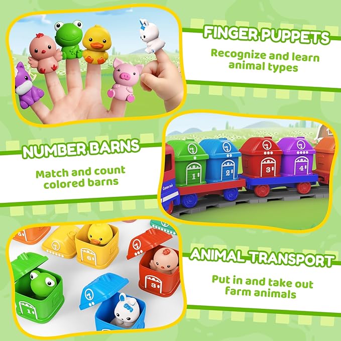 Train Set for Toddlers & Kids Boy -Montessori Counting Matching & Sorting Activity Train Set Learning Toys with Farm Animals, Finger Puppets, Tracks Music, Preschool Toy Birthday Gift for Boy Girl