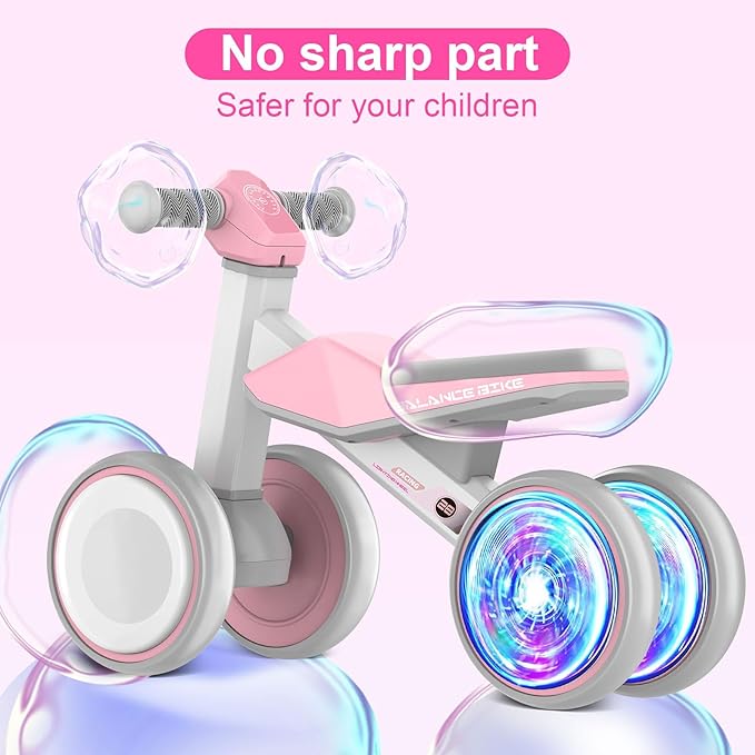Baby Balance Bike for 1 Year Old Boys and Girls – Toddler First Bike with Colorful Lighting, 4 Wheels Safe Indoor Ride On Toy for 12-24 Months, First Birthday Gift