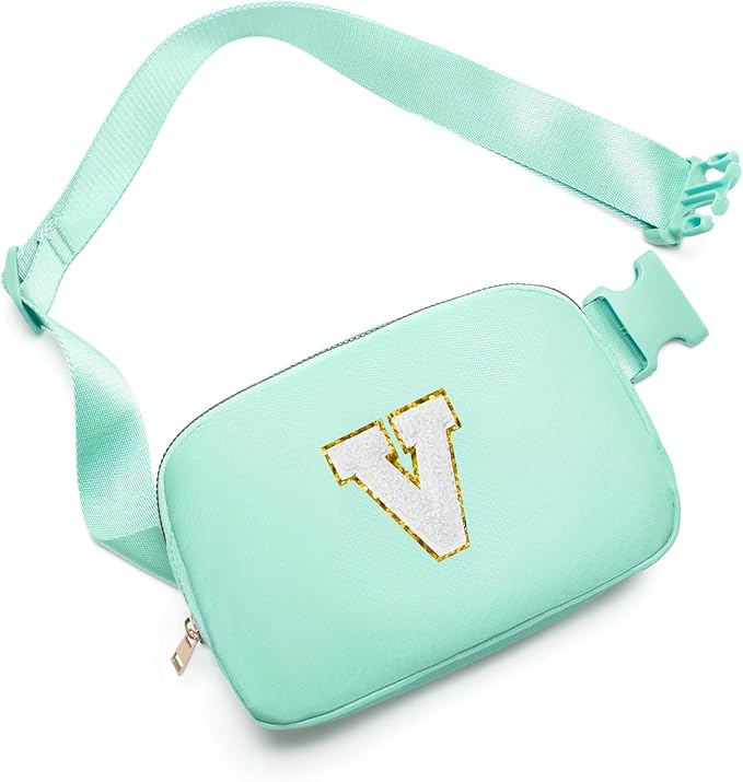 Gitus Birthday Gifts for 8 9 10 11 12 13 Year Old Girls Personalized Fanny Pack Crossbody Bags with Initial Letter Patch Belt Bag for Teen Girls Cute Trendy Stuff Travel Essentials (Mint Green-V)
