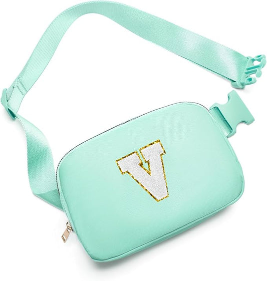 Gitus Birthday Gifts for 8 9 10 11 12 13 Year Old Girls Personalized Fanny Pack Crossbody Bags with Initial Letter Patch Belt Bag for Teen Girls Cute Trendy Stuff Travel Essentials (Mint Green-V)