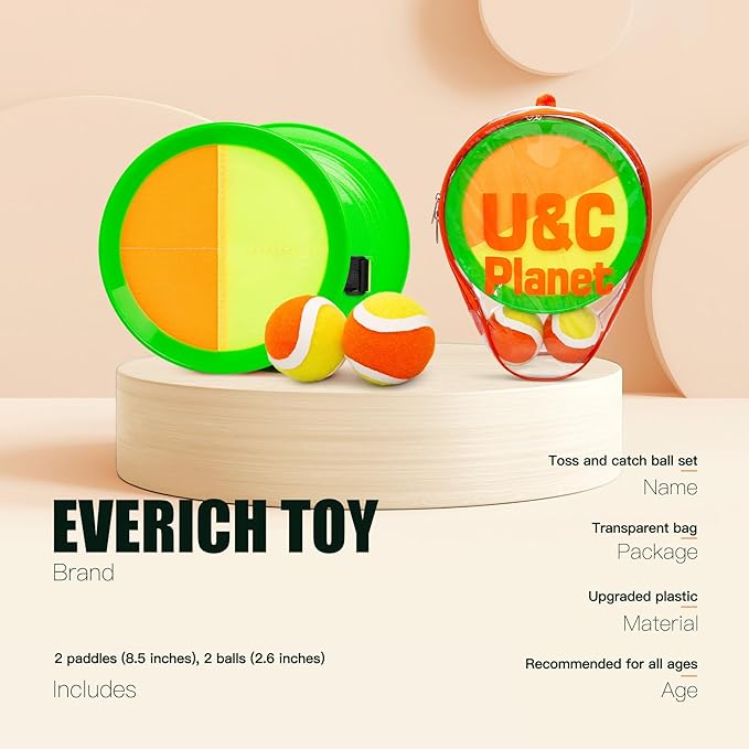 EVERICH TOY Upgraded Toss and Catch Ball Game Set, Kids Toy Stocking Stuffers for Boys Girls Ages 3-12, Includes 2 Paddles 2 Sticky Balls, Water-Resistant Indoor Outdoor Toy for Beach Pool Yard