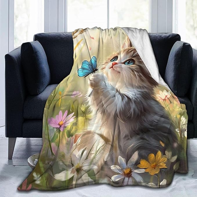 Cat Blanket Gifts for Girls Boys Blue Butterfly Throw Blankets Cozy Plush Cute Flower Fleece Lightweight Flannel Fuzzy 80"X60"
