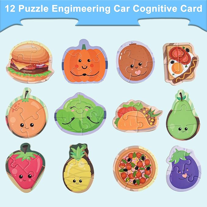 ASTARON 3D Magnetic Puzzle with 80 Puffy Stickers for Toddlers, 42 Pieces 3-in-1 Food Puzzles Preschool Education Learning Travel Toys Car Plane Activities for Kids Road Trip Birthday Gifts