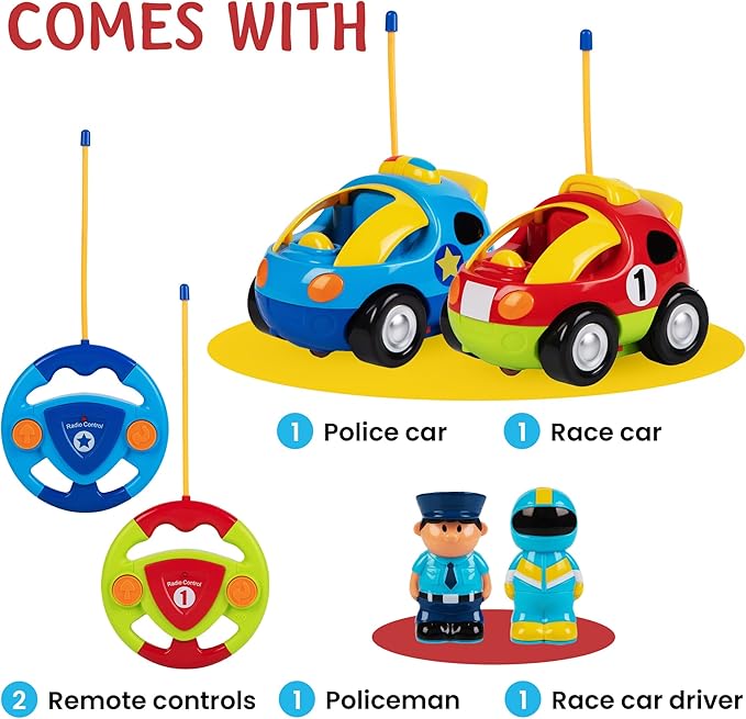 PREXTEX Cartoon Remote Control Car - 2-Pack Police and Race Car Toddler Toys - RC Cars for Kids with Different Frequencies - Easy Remote Control Toy and Thoughtful Gifts for Boys and Girls