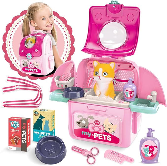 Shemira Toys Gifts for 1 2 3 4 5 6 Year Old Girl, Toddler Girl Toys, Pet Care Pretend Toys for Kids, Pet Care Playset for Kids with Toy Cat & Storage Backpack