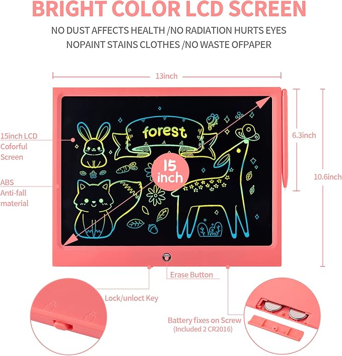 LCD Writing Tablet for Kids, 15 Inch Colorful Electronic Doodle Board, Educational Learning Kids Drawing Tablet Toys, Christmas Birthday Gift for 3 4 5 6 7 8 9 Year Old Girls Boy