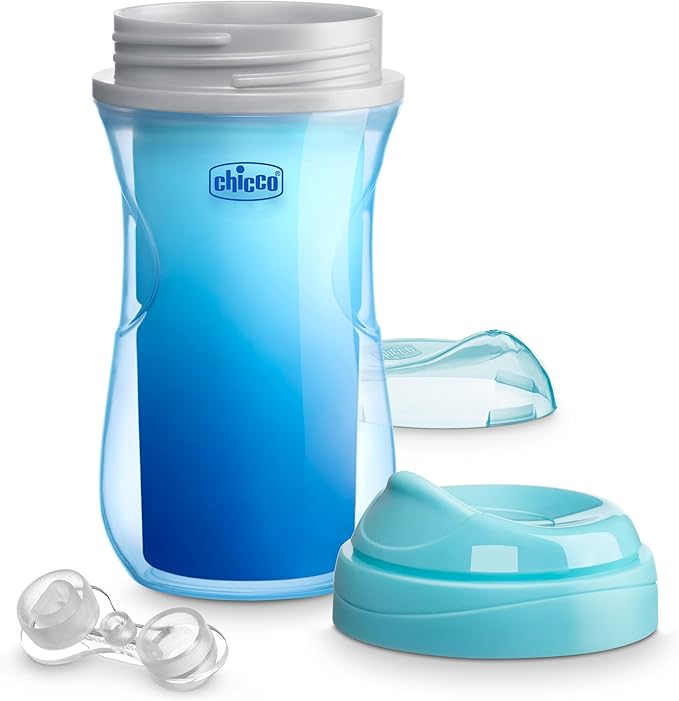 Chicco Double-Wall Insulated Sippy Cup with Bite-Proof Rim Spout and Spill-Free Lid 9oz. | Top-Rack Dishwasher Safe | Easy to Hold Ergonomic Indents | Blue/Sharks, 2pk | 12+ months