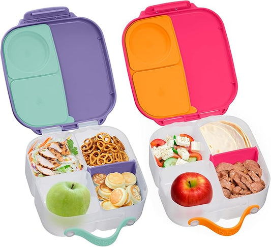 b.box Mini Lunch Box (2-pack), Bento Box for Kids Snack Container with 2 Leak-Proof Compartments, Reusable Snack Containers with Lids, BPA Free Kids Lunch Box, 4 1/4 Cup (Lilac Pop+Strawberry Shake)