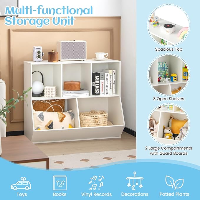 Costzon Toy Organizers and Storage with Bookshelf, Wooden 5 Cubby Children’s Book Shelf Toy Storage Cabinet Bookcase for Kids Room, Playroom, Kindergarten, Nursery (White)