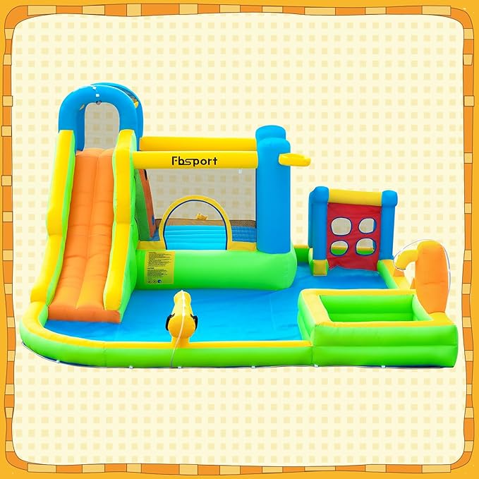 FBSPORT Inflatable Bounce House, 9 in 1 Water Slide with Blower, Bouncy House for Kids Indoor Outdoor Wet Dry Combo Water Bounce House with Football Shooting, Water Gun, Splash Pool, Bounce Area, Hose