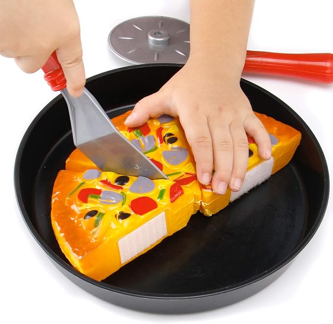 11 PCS Pizza Party Toy Play Set for Kids, Pizza Pie Pretend Play Food - Slice and Serve Plastic Kitchen Cooking and Cutting Playset