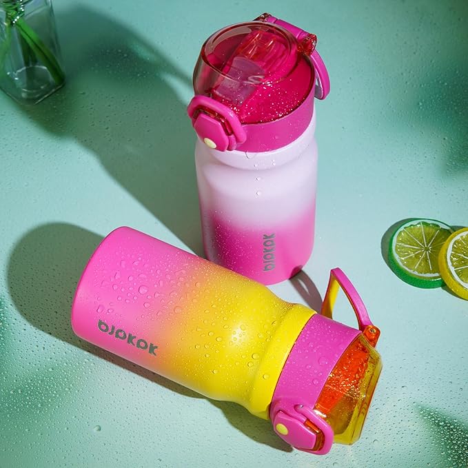 BJPKPK 14oz Insulated Water Bottle with Straw Stainless Steel Double Wall Water Bottles BPA Free Leak Proof Thermal Flask with Lockable Flip Lid and Soft Silicone Spout,Sky