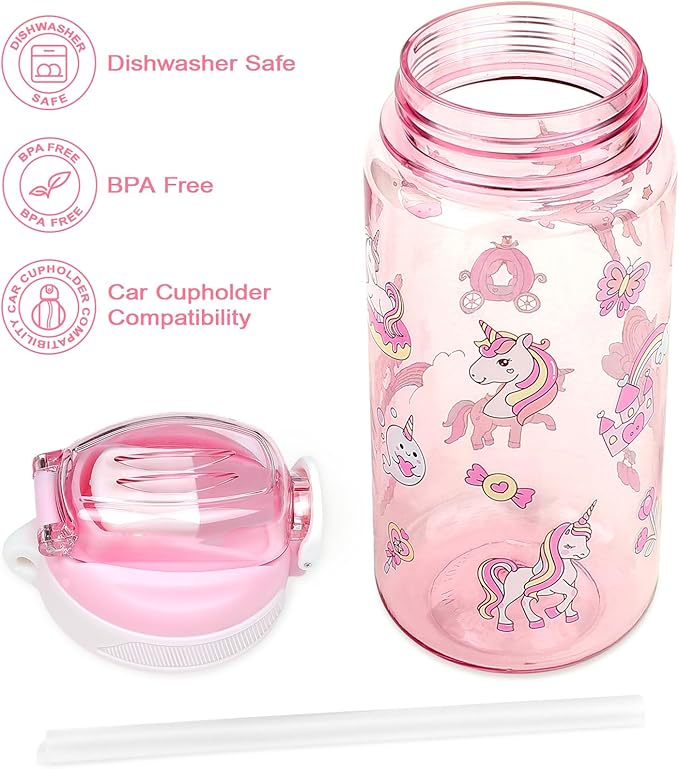 Kids Water Bottle for School or Travel, 20 Oz 2 Pack Durable Plastic Water Bottle with Silicone Straw and Pop-Up Spout Cover, BPA Free & Dishwasher Safe(Forest Animals & Unicorn)