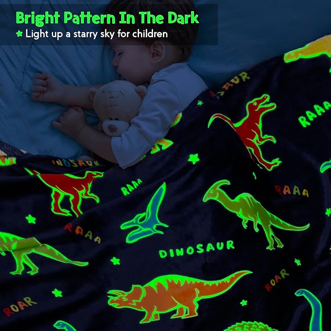 Jekeno Dinosaur Glow in The Dark Blanket Dino Gift Throw for Kids Boys Girls Birthday Christmas Halloween Easter Decor for Age 1-16 Years Old Teens Child Toddler Son Throw Navy Blue 50"x60"