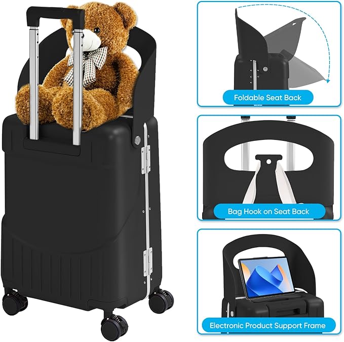 20'' Luggage with Child Seat, Ride On Suitcase with Shockproof Silent Spinner Wheels, TSA Lock, Carry On Luggage with Foldable Backrest, Bag Hook for Kids.