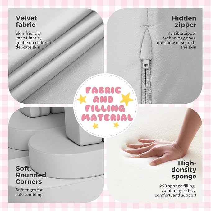 12 Pcs Modular Kids Play Couch, Toddler Couches That Fold Out, Plush Foam Chair for Children’s Playroom, Velvet Fabric Convertible Foam and Floor Cushion for Boys and Girls (Gray,07)