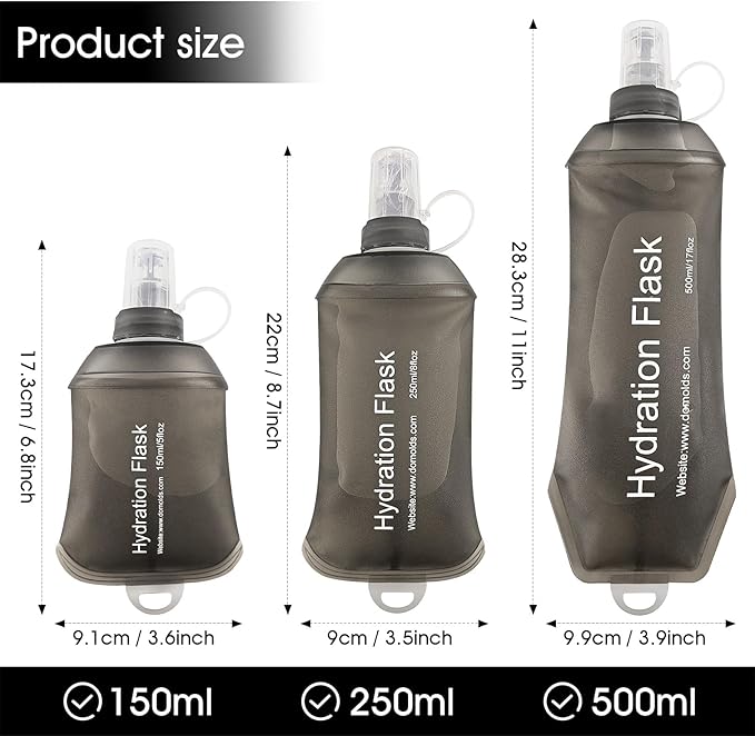 GYGYL Soft Flask, TPU Collapsible Soft Water Bottle for Hydration Pack, Running Vest, Leak-Proof Folding Water Bottle for Hiking Cycling Climbing Jogging-250ml Grey