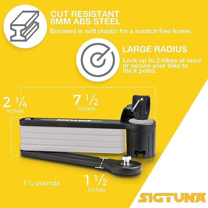 SIGTUNA Folding Bike Lock - Hardened Steel 8mm Fold-Up Heavy Duty Bike Lock with Easy Mounting, Secure Lock and Anti-Scratch Coating - Easily Keep Bike Secure and Paintwork Undamaged - Bicycle Lock