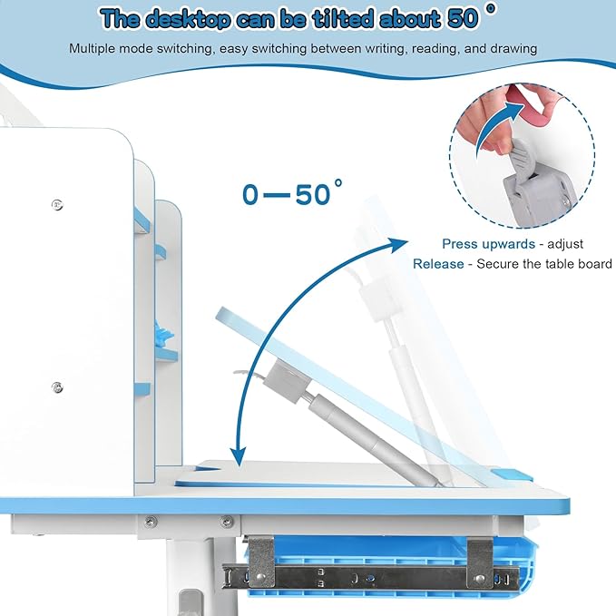 Upgraded Kid's Desk and Chair Set, Adjustable Children's Study Table with Bookshelf and Storage Drawer, 50-Degree Tiltable Desktop with Chair for Bedroom Blue