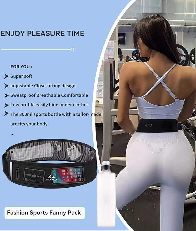 SENIKO Running Belt Hydration with Bottles,Fanny Pack Water Bottle Holder, Zipper Waist Pouch Fits Most phones,Zerobounce Design for Cycling Climbing Marathon (Combination Set)