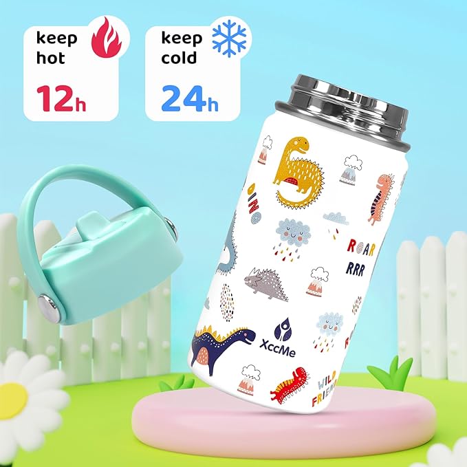 Dinosaur Kids Water Bottle With Straw Lid,14 oz Stainless Steel Travel Bottle,Double Wall Leak Proof Kids Cup,Insulated Tumbler for Toddlers,Metal Cup for School Boys Girls