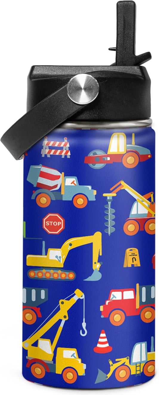 Kids Water Bottle with Straw Construction Insulated Water Bottles 12oz Stainless Steel Travel School Tumbler Double Wall Vacuum Cup for Boys Kid