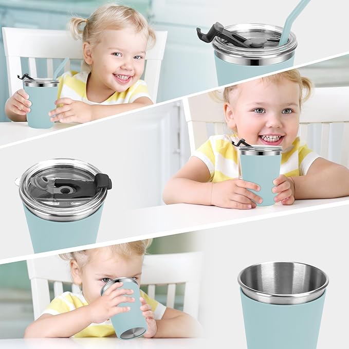 Stainless Steel Kids Cups with Lids and Straws Leakproof, 2 Pack 12oz Spill Proof Cups for Toddlers Kids Tumblers Unbreakable Sippy Cup with Straws for School, Outdoor (Blue & Green)