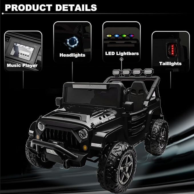 NEWQIDA 24V 2 Seater Ride on Car w/Remote Control 4wd Kids Electric Vehicles Ride on Toys Car, EVA Tires Wheels, 20" Spacious Seat, LED Lights, Music, Spring Suspension, 4x200W Motors, Black