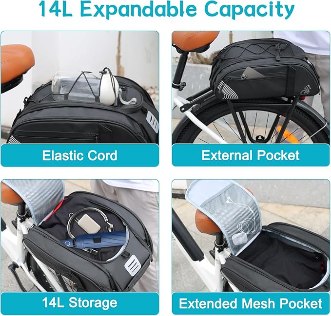 YEEGO DIRECT Bike Rack Bag, 14L Expandable Capacity Bike Bags for Bicycles Rear Rack,Waterproof Bike Trunk Bag, Bike Panniers Reflective Design, Crossbody Shoulder Bag for Commuting Outings