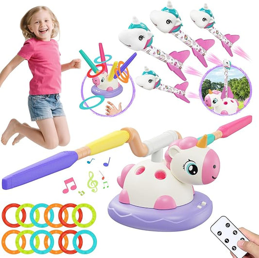 Outdoor Games Toys for Kids, 3 in 1 Rocket Launcher, Musical Jumping & Ring Toss Games with Remote Control, Unicorn Toys for Girls Age 4-6, Outdoor Play Toy for Toddlers 3-5 4-8 Birthday Gift Party
