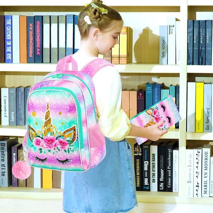 CCJPX 3PCS Unicorn Backpack for Girls, 16”Kids Bookbag with Lunch Box, Cute Water Resistant Elementary School Bag for Kindergarten Preschool Toddler