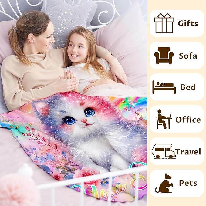 Personalized Blanket for Girls, Cat Throw Blanket Gift for Kids Teens Cats Lovers, Custom 80"x60" Soft Cozy Flannel Blankets for Couch Sofa Bed Bedroom Decor