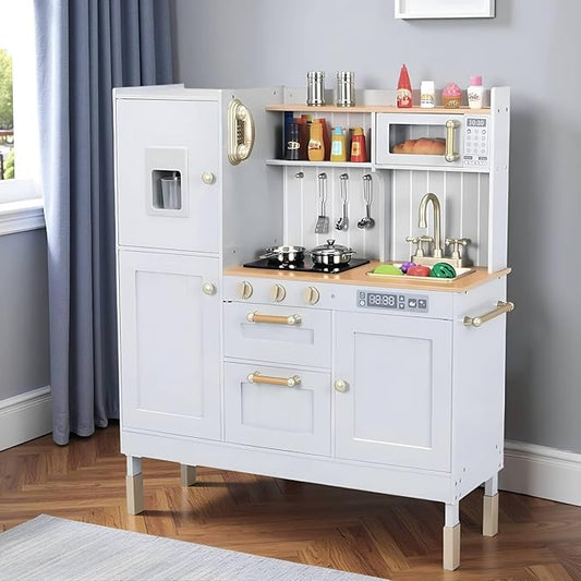 Arlopu Play Kitchen for Kids, Wooden Toy Toddler Kitchen Sets, Sturdy Pretend Cooking Playset with Storage & Accessories, Realistic Light & Sound, Stove, Fridge, Microwave, Removable Sink (Gray)