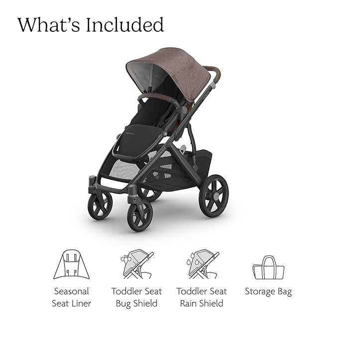 UPPAbaby Vista V3 Stroller - Full-Size Single-to-Double Stroller System - Toddler Seat, Bug Shield, Rain Shield, and Storage Bag Included - Owen (Mocha Mélange/Carbon Frame/Chestnut Leather)