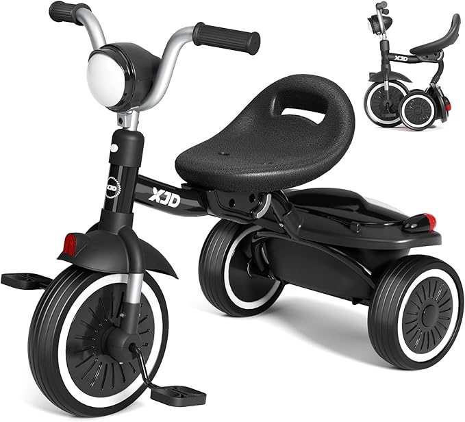 XJD Toddler Tricycle, Foldable Toddler Bike with Pedals, Tricycle for 2-5 Year Olds, Adjustable Comfortable Seat, Birthday Gifts for 1-5 Years Old Boys and Girls (Black)