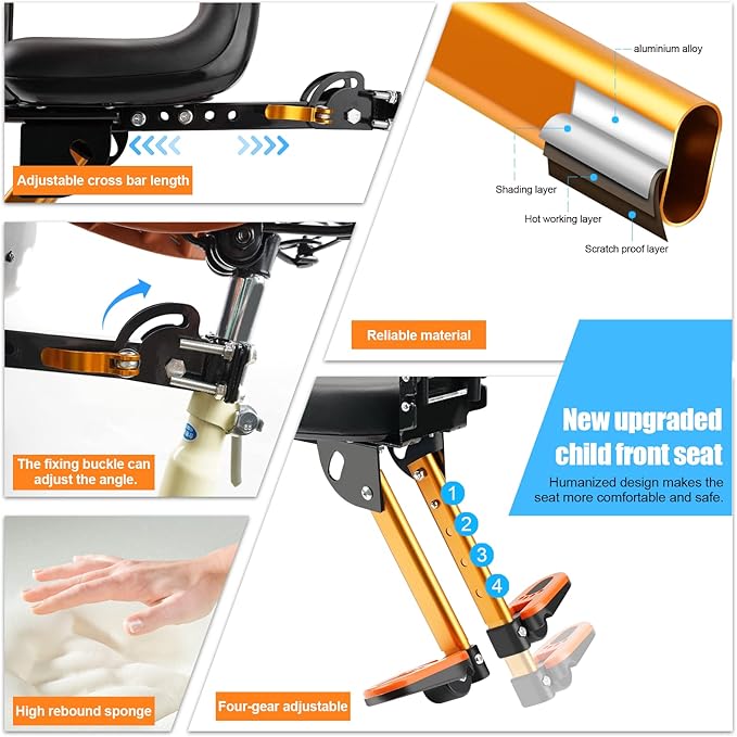 Kids Bike Seat with Handlebar Attachment, Detachable Front Mounted Child Bicycle Seats with Foot Pedals for Children 2~5 Years, Compatible with All Adult Mountain Bikes (Handle+Seat)